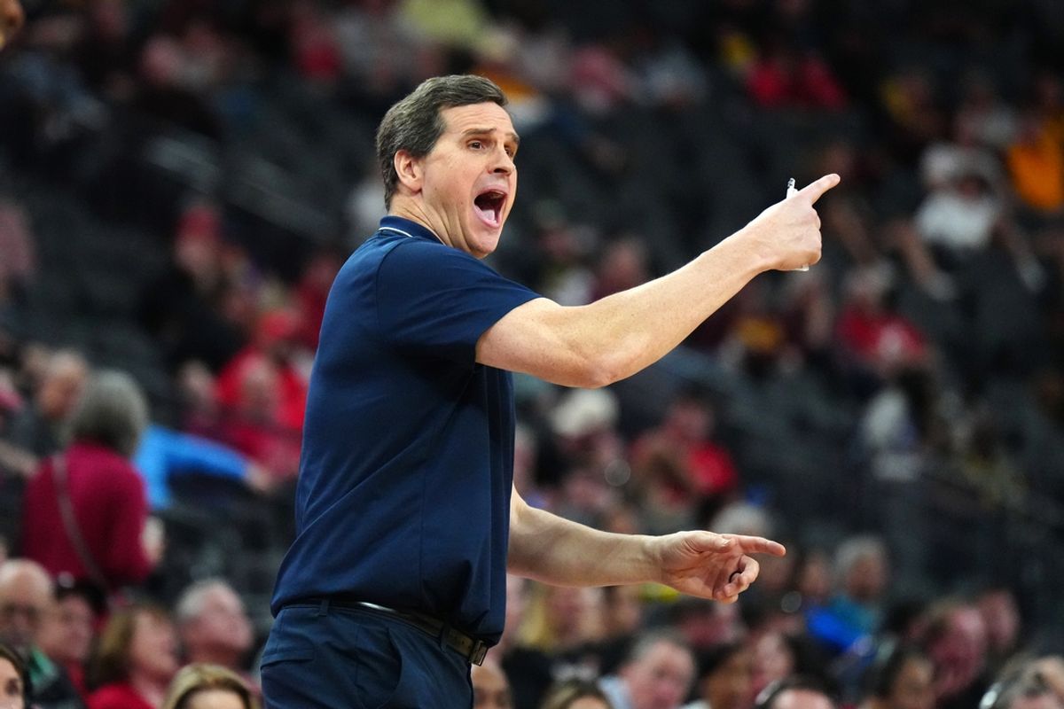 Mar 13, 2024; Las Vegas, NV, USA; California Golden Bears coach Mark Madsen reacts against the Stanford Cardinal in the second half at T-Mobile Arena. Mandatory Credit: Kirby Lee-Imagn Images