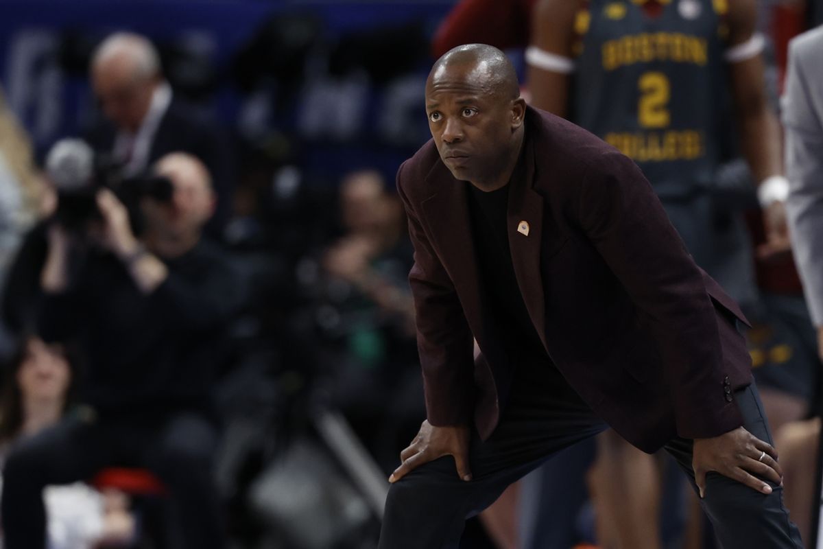 Mar 13, 2024; Washington, D.C., USA; Boston College Eagles head coach Earl Grant looks on from the bench against the Clemson Tigers in the second half at Capital One Arena. Mandatory Credit: Geoff Burke-Imagn Images