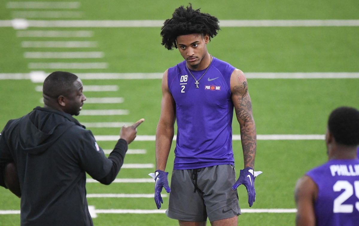 Former Clemson cornerback Nate Wiggins performs a defensive position drill during 2024 Clemson Pro Day in the Poe Indoor Facility at Clemson University in Clemson Tuesday, March 14, 2024.