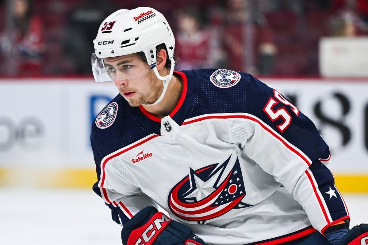 Mar 12, 2024; Montreal, Quebec, CAN; Columbus Blue Jackets right wing Yegor Chinakhov (59) looks on during warm-up before the game against the Montreal Canadiens at Bell Centre. Mandatory Credit: David Kirouac-USA TODAY Sports