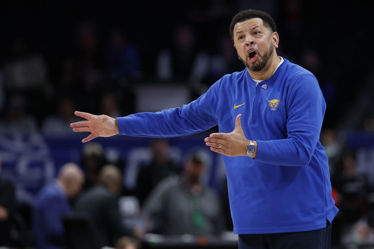 Mar 14, 2024; Washington, D.C., USA; Pittsburgh Panthers head coach Jeff Capel gestures from the bench against the Wake Forest Demon Deacons in the second half at Capital One Arena. Mandatory Credit: Geoff Burke-USA TODAY Sports