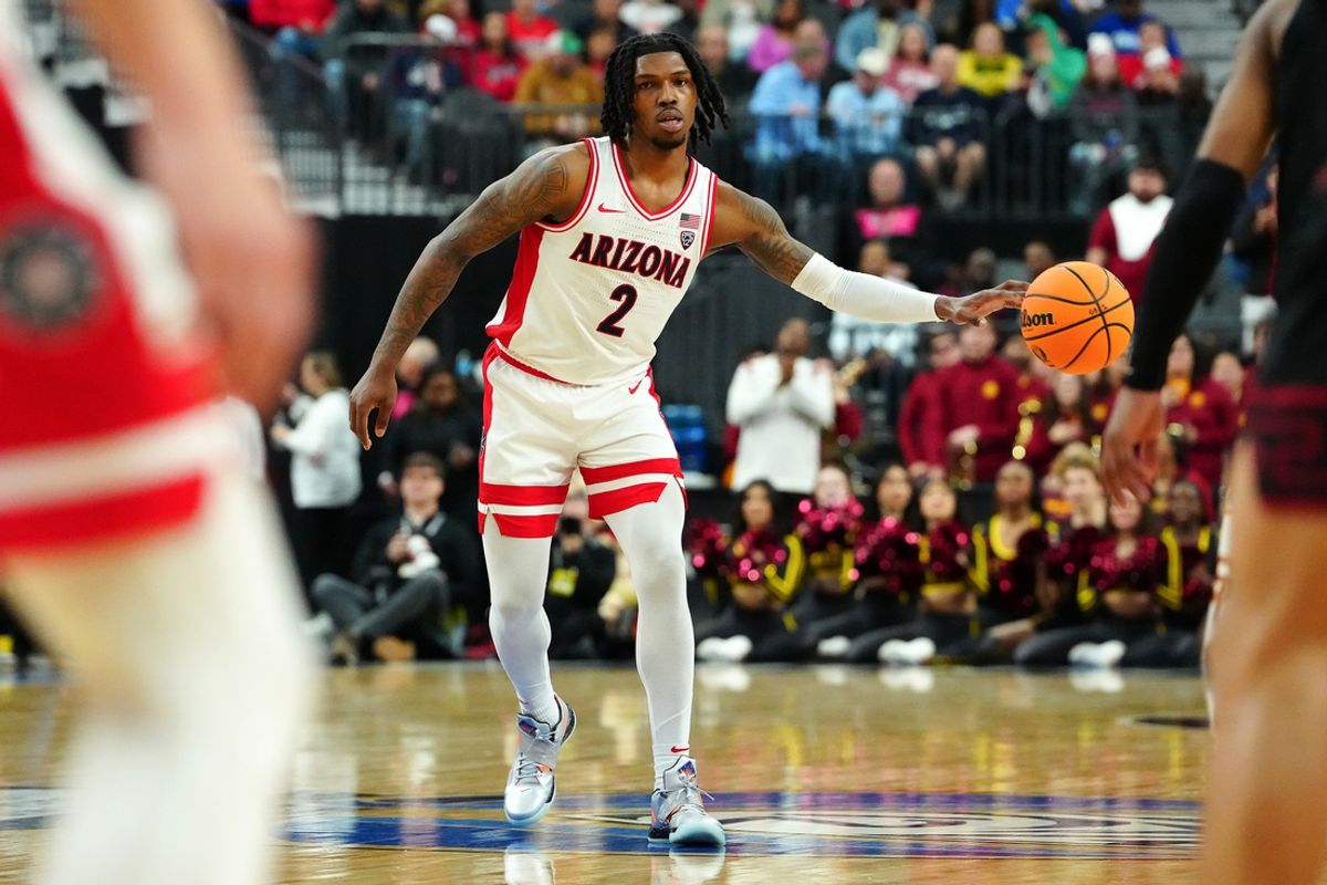 Mar 14, 2024; Las Vegas, NV, USA; Arizona Wildcats guard Caleb Love (2) dribbles against the Southern California Trojans during the second half at T-Mobile Arena. Mandatory Credit: Stephen R. Sylvanie-Imagn Images