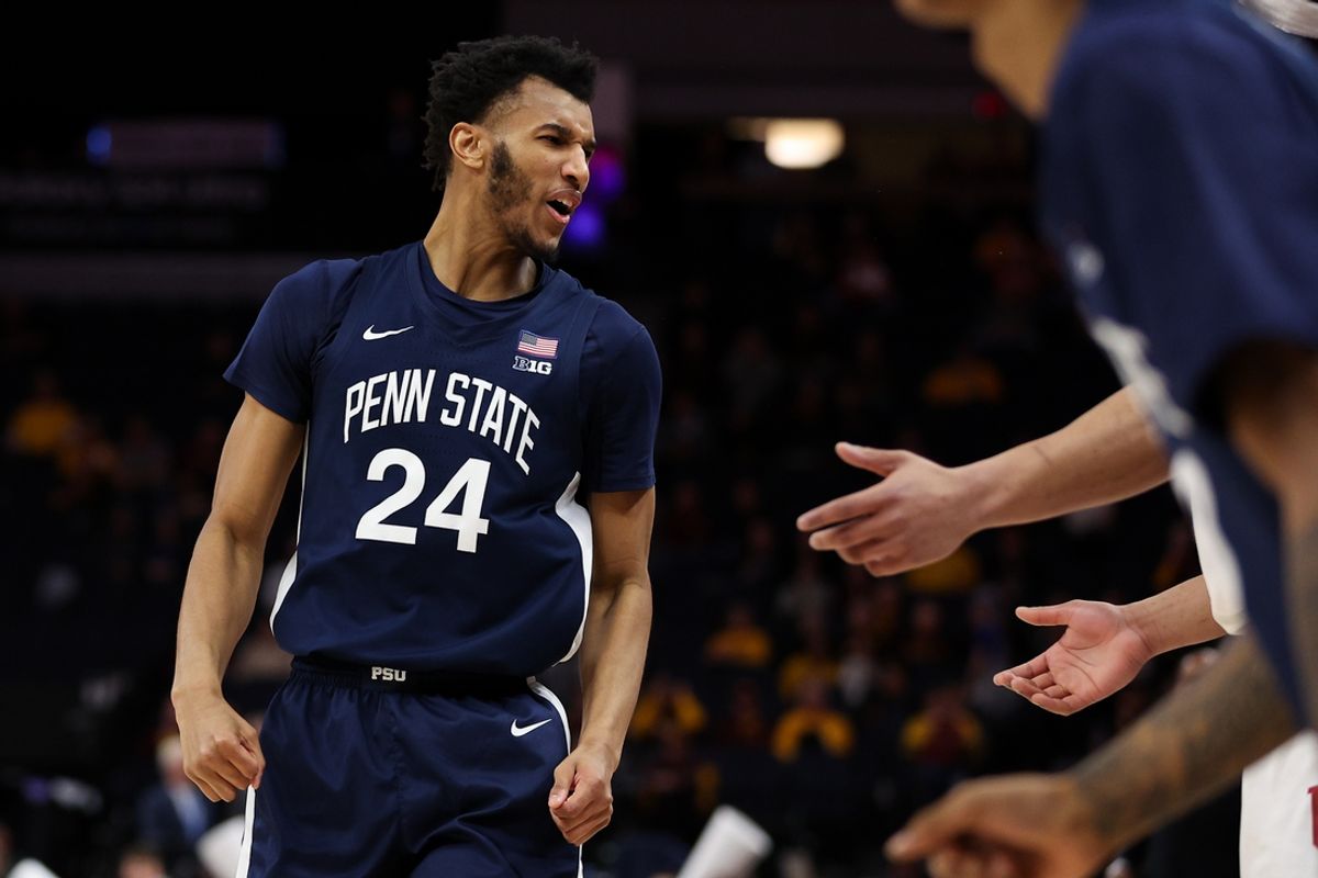 Mar 14, 2024; Minneapolis, MN, USA; Penn State Nittany Lions forward Zach Hicks (24) celebrates his three-point basket against the Indiana Hoosiers during the second half at Target Center. Mandatory Credit: Matt Krohn-Imagn Images