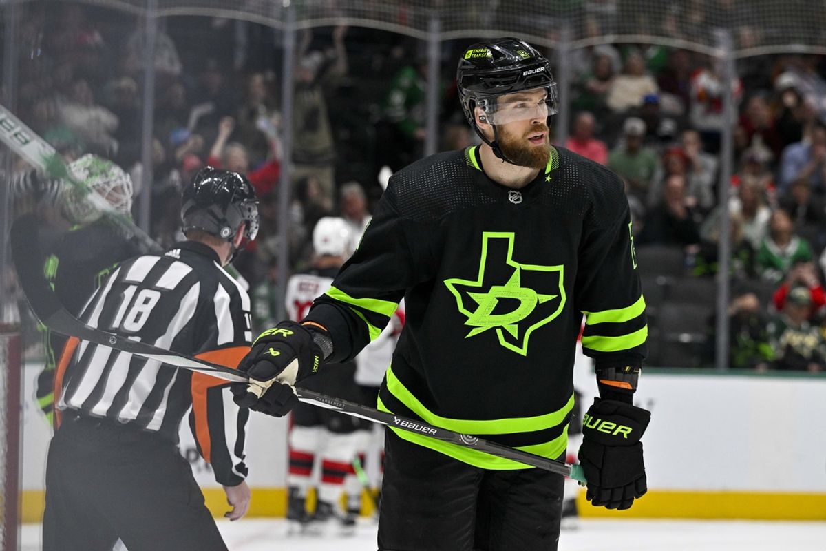 Mar 14, 2024; Dallas, Texas, USA; Dallas Stars defenseman Jani Hakanpaa (2) skates off the ice after the Stars give up a sixth goal to the New Jersey Devils during the game at the American Airlines Center. Mandatory Credit: Jerome Miron-Imagn Images