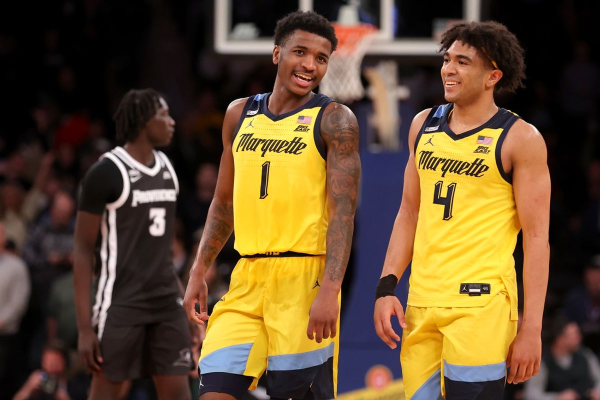 Mar 15, 2024; New York City, NY, USA; Marquette Golden Eagles guards Kam Jones (1) and Stevie Mitchell (4) react during the second half against the Providence Friars at Madison Square Garden. Mandatory Credit: Brad Penner-Imagn Images