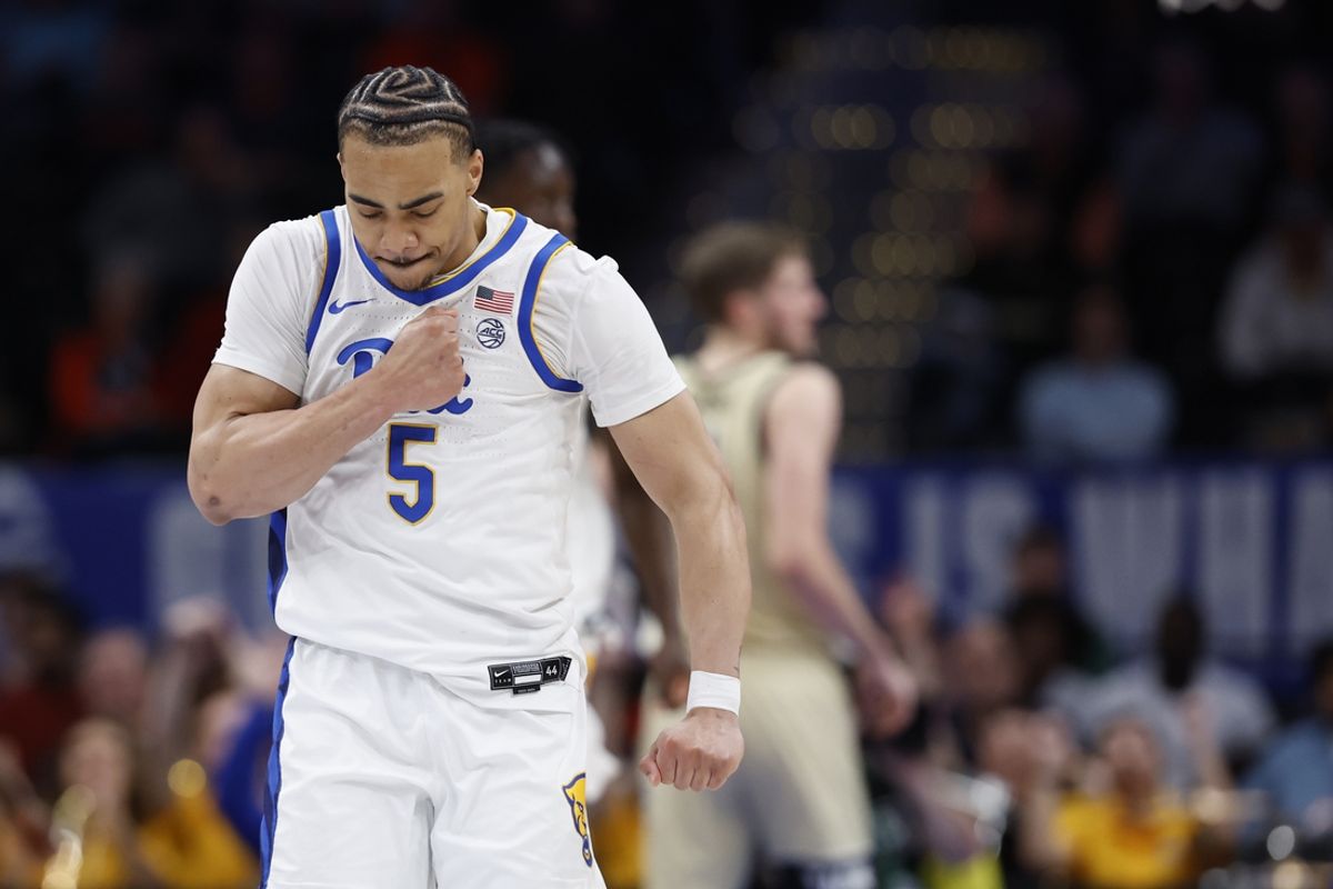 Mar 14, 2024; Washington, D.C., USA; Pittsburgh Panthers guard Ishmael Leggett (5) reacts against the Wake Forest Demon Deacons at Capital One Arena. Mandatory Credit: Geoff Burke-Imagn Images