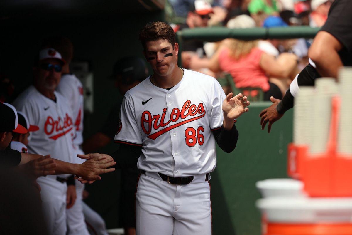 Mar 16, 2024; Sarasota, Florida, USA;  Baltimore Orioles infielder Coby Mayo (86) scores a run during the fifth inning against the Boston Red Sox at Ed Smith Stadium. Mandatory Credit: Kim Klement Neitzel-USA TODAY Sports