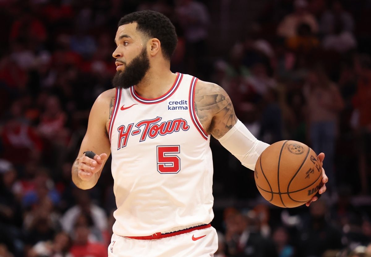 Mar 16, 2024; Houston, Texas, USA;  Houston Rockets guard Fred VanVleet (5) dribbles against the Cleveland Cavaliers in the second quarter at Toyota Center. Mandatory Credit: Thomas Shea-Imagn Images