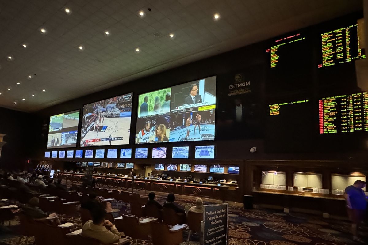 Mar 16, 2024; Las Vegas, NV, USA; The BetMGM Sportsbook at the Mandalay Bay resort and casino. Mandatory Credit: Kirby Lee-Imagn Images