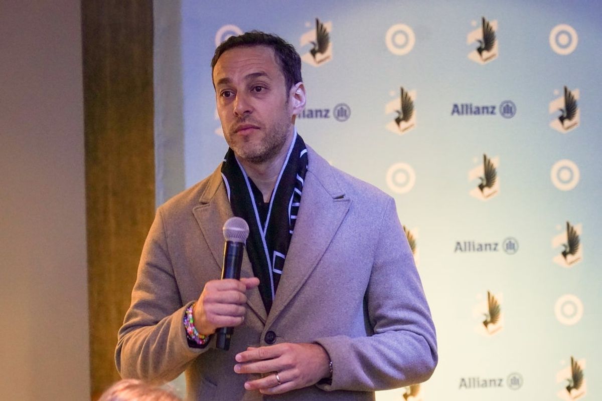 Mar 16, 2024; Saint Paul, Minnesota, USA; Khaled El-Ahmad, Minnesota United’s new sporting director and chief soccer officer talks with fans at an event before the game between Minnesota United and LAFC at Allianz Field. Mandatory Credit: Matt Blewett-Imagn Images
