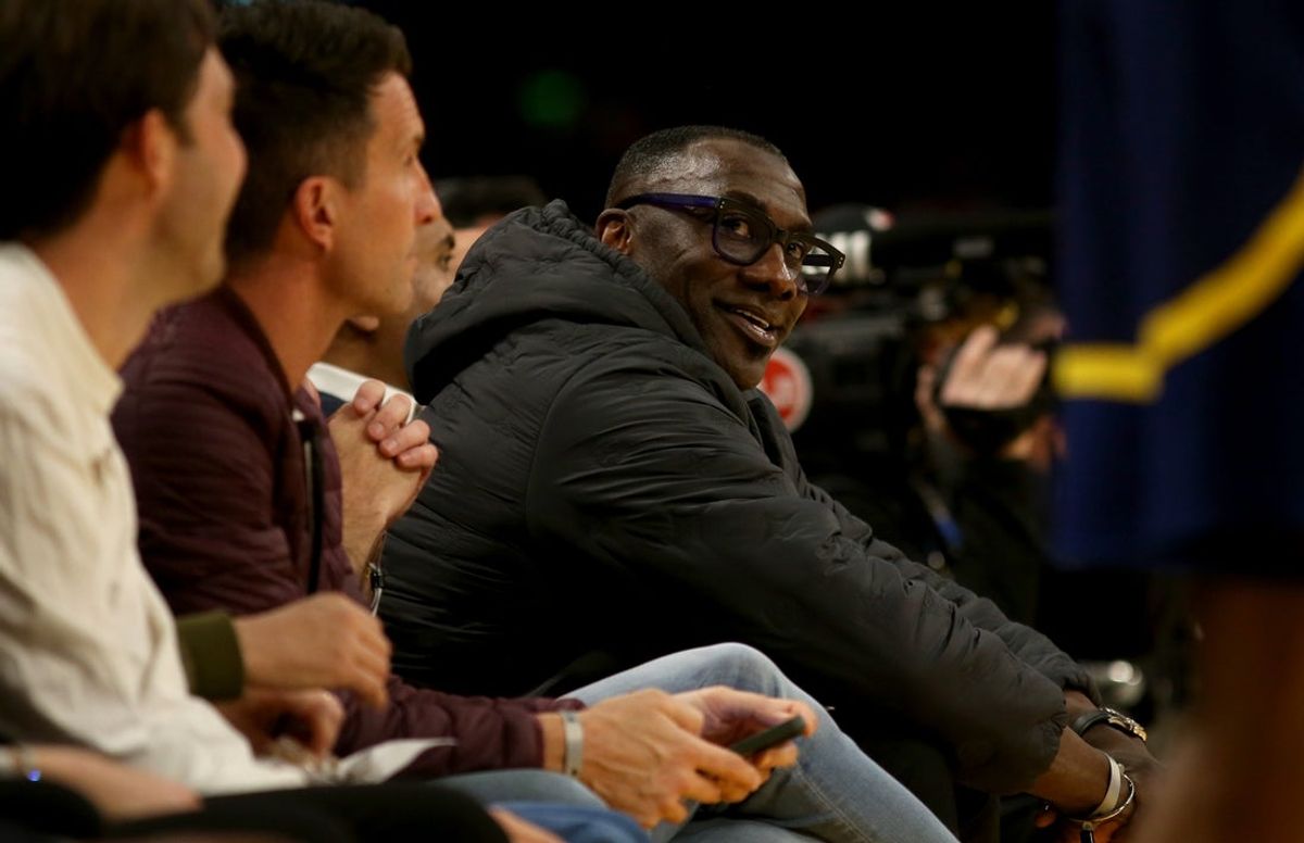 Mar 16, 2024; Los Angeles, California, USA; Shannon Sharpe during the second quarter between the Golden State Warriors and Los Angeles Lakers at Crypto.com Arena. Mandatory Credit: Jason Parkhurst-Imagn Images