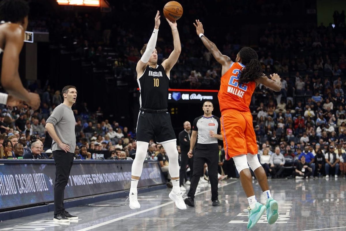 Mar 16, 2024; Memphis, Tennessee, USA; Memphis Grizzlies guard Luke Kennard (10) shoots for three as Oklahoma City Thunder guard Cason Wallace (22) defends during the second half at FedExForum. Mandatory Credit: Petre Thomas-USA TODAY Sports