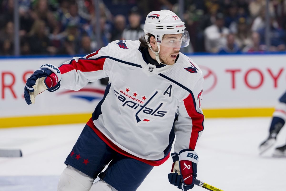 Mar 16, 2024; Vancouver, British Columbia, CAN; Washington Capitals forward TJ Oshie (77) skates against the Vancouver Canucks in the first period at Rogers Arena. Mandatory Credit: Bob Frid-Imagn Images