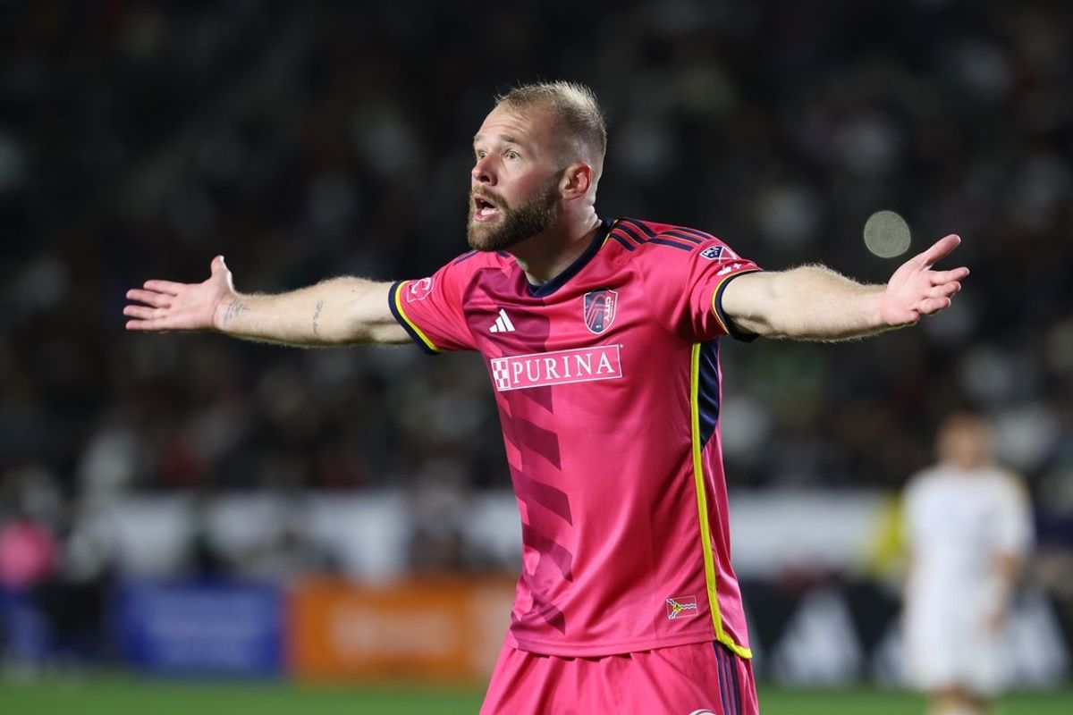 Mar 16, 2024; Carson, California, USA; St. Louis CITY SC forward Joao Klauss (9) reacts in the second half against the LA Galaxy  at Dignity Health Sports Park. Mandatory Credit: Kiyoshi Mio-Imagn Images