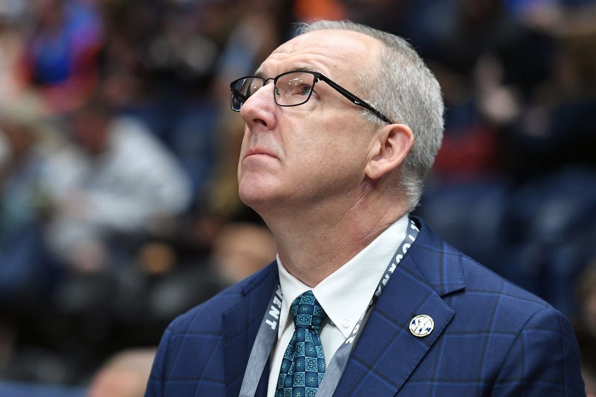 Mar 17, 2024; Nashville, TN, USA;  SEC commissioner Greg Sankey looks on before the SEC Tournament championship game between the Florida Gators and the Auburn Tigers at Bridgestone Arena. Mandatory Credit: Christopher Hanewinckel-USA TODAY Sports