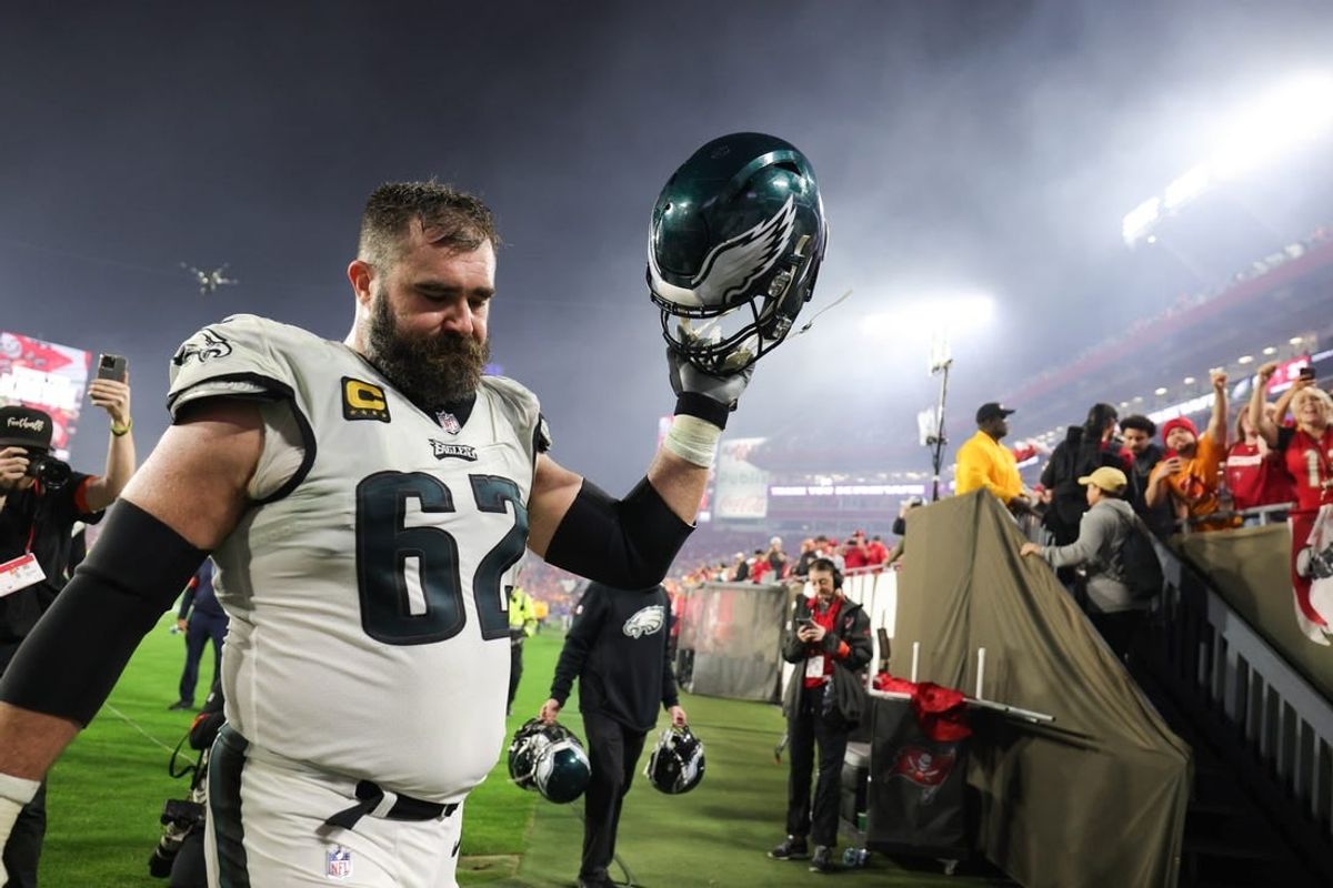 Jan 15, 2024; Tampa, Florida, USA; Philadelphia Eagles center Jason Kelce (62) thanks the fans as he leaves the field after a 2024 NFC wild card game against the Tampa Bay Buccaneers at Raymond James Stadium.