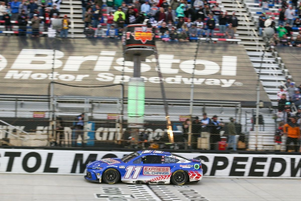 Mar 17, 2024; Bristol, Tennessee, USA; NASCAR Cup Series driver Denny Hamlin (11) wins the Food City 500 at Bristol Motor Speedway. Mandatory Credit: Randy Sartin-Imagn Images