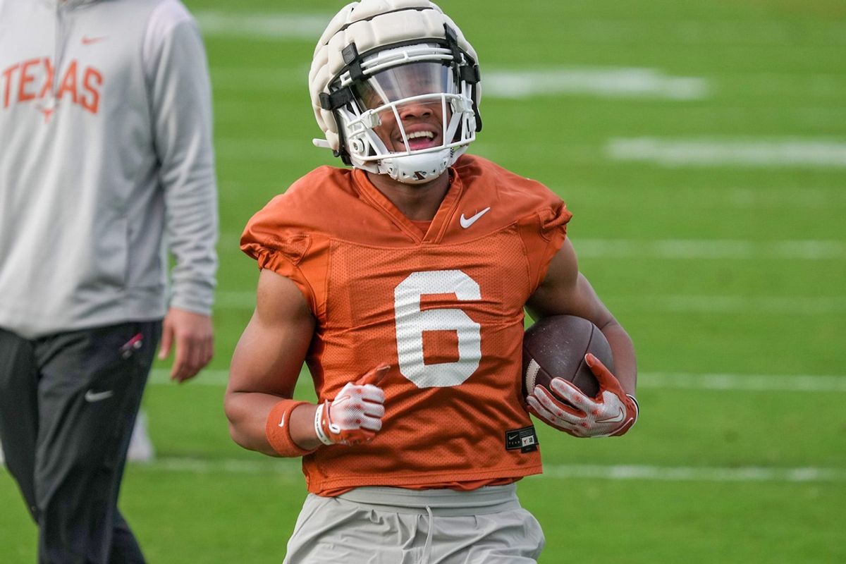 Texas Longhorns running back Christian Clark during football spring practice at the Frank Denius practice fields in Austin, Tuesday, March 19, 2024.