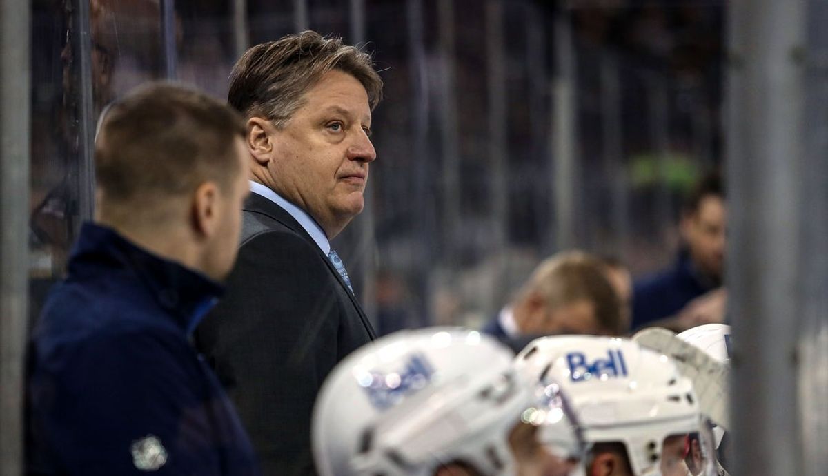 Mar 19, 2024; New York, New York, USA; Winnipeg Jets head coach Rick Bowness watches his team from the bench during the first period against the New York Rangers at Madison Square Garden. Mandatory Credit: Danny Wild-Imagn Images