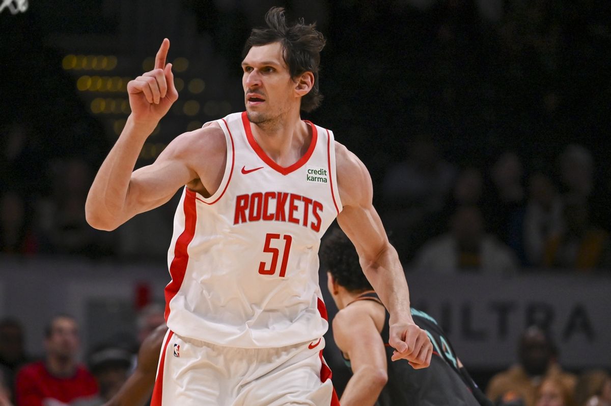 Mar 19, 2024; Washington, District of Columbia, USA;  Houston Rockets center Boban Marjanovic (51)  runs down the court during the second half against the Washington Wizardsat Capital One Arena. Mandatory Credit: Tommy Gilligan-Imagn Images