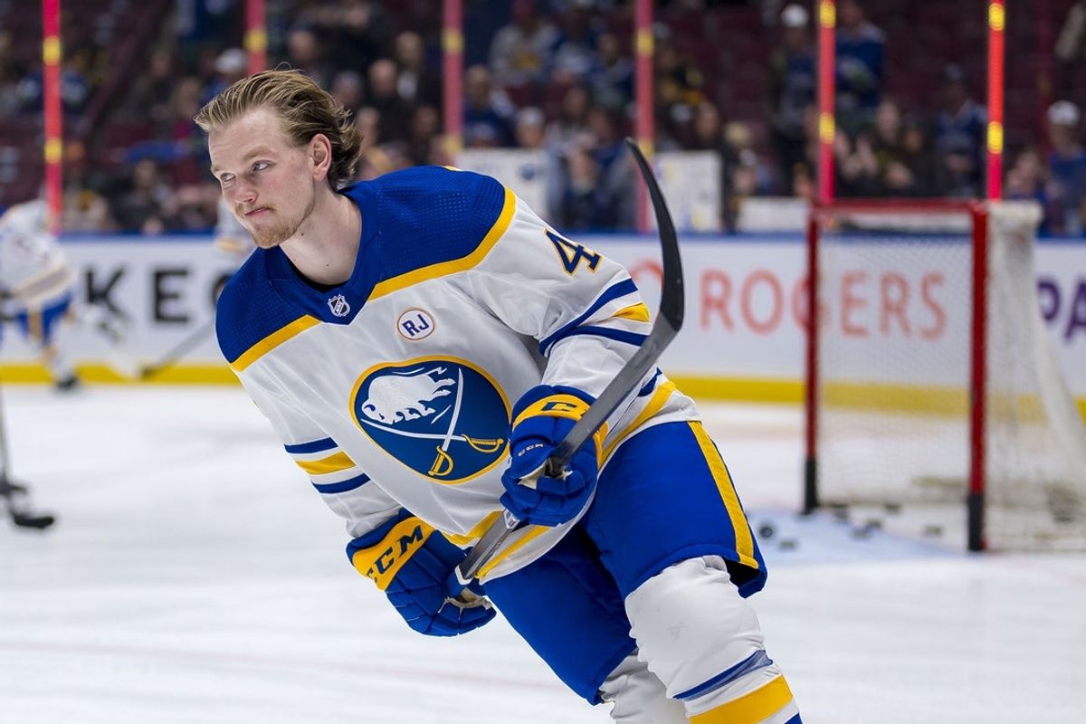 Mar 19, 2024; Vancouver, British Columbia, CAN; Buffalo Sabres defenseman Bowen Byram (4) skates during warm up prior to a game against the Vancouver Canucks at Rogers Arena. Mandatory Credit: Bob Frid-Imagn Images