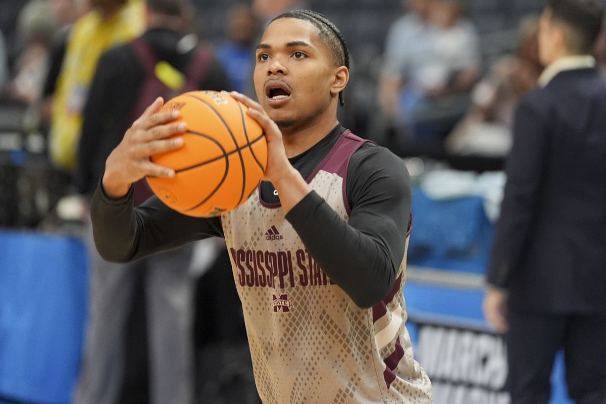 Mar 20, 2024; Charlotte, NC, USA; Mississippi State Bulldogs guard Shakeel Moore (3) during practices at Spectrum Center. Mandatory Credit: Jim Dedmon-Imagn Images