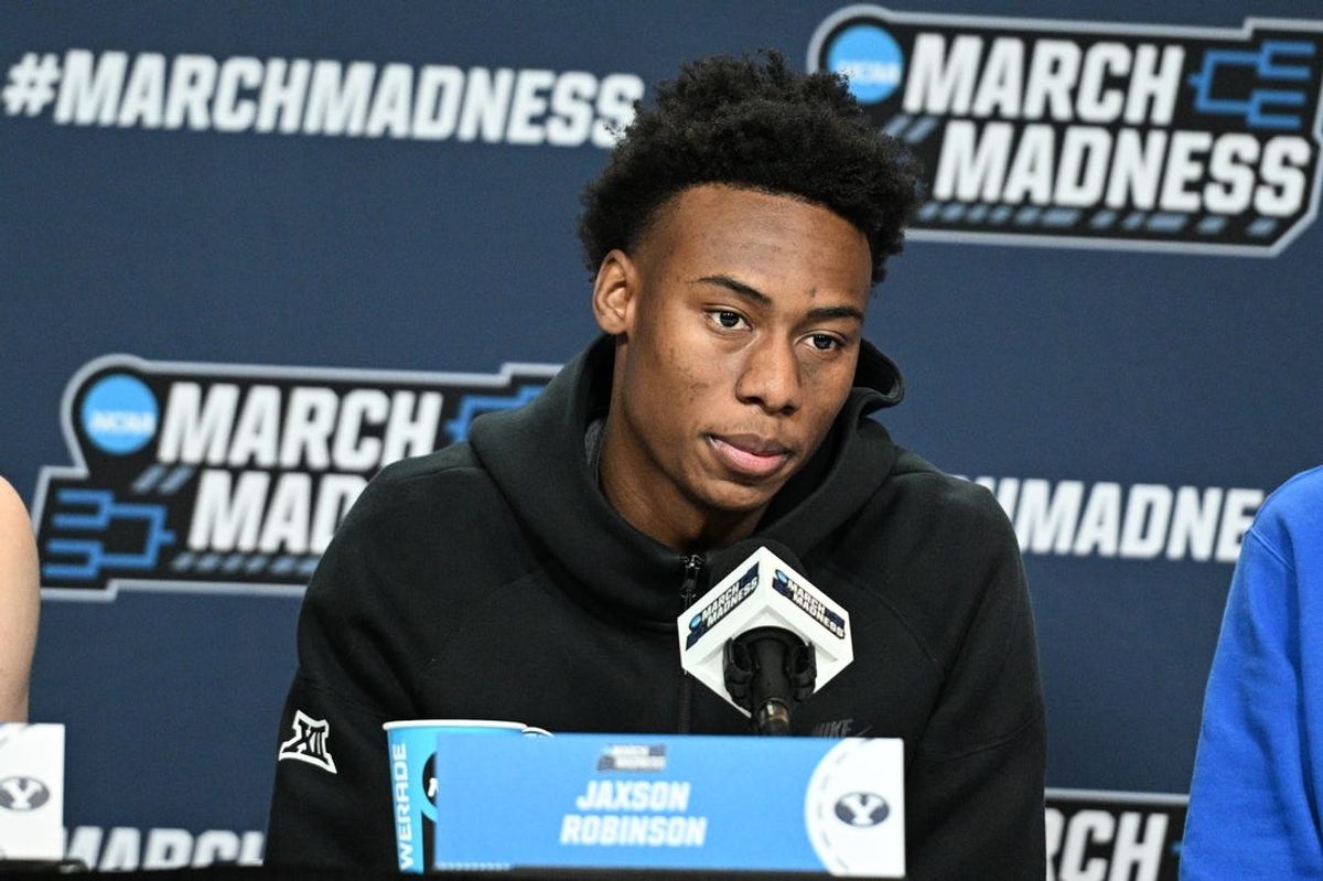 Mar 20, 2024; Omaha, NE, USA;  Brigham Young Cougars guard Jaxson Robinson (2) talks to the media during the NCAA first round practice session at CHI Health Center Omaha. Mandatory Credit: Steven Branscombe-USA TODAY Sports