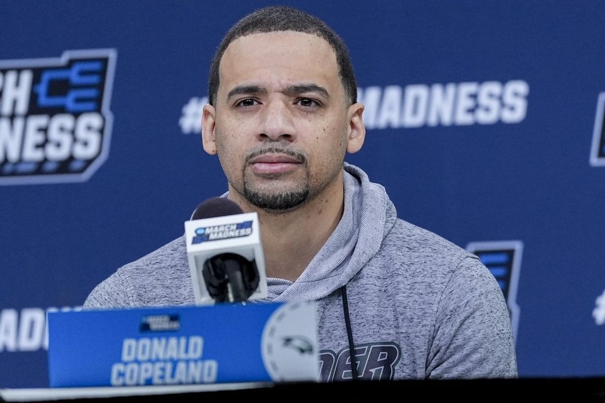 Mar 20, 2024; Charlotte, NC, USA; Wagner Seahawks head coach Donald Copeland speaks with the media after during the NCAA first round practice session at Spectrum Center. Mandatory Credit: Jim Dedmon-Imagn Images