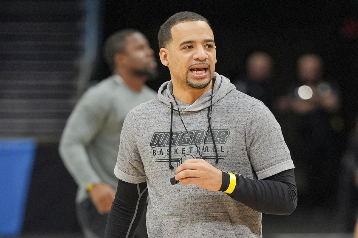 Mar 20, 2024; Charlotte, NC, USA; Wagner Seahawks head coach Donald Copeland during the NCAA first round practice session at Spectrum Center. Mandatory Credit: Jim Dedmon-Imagn Images