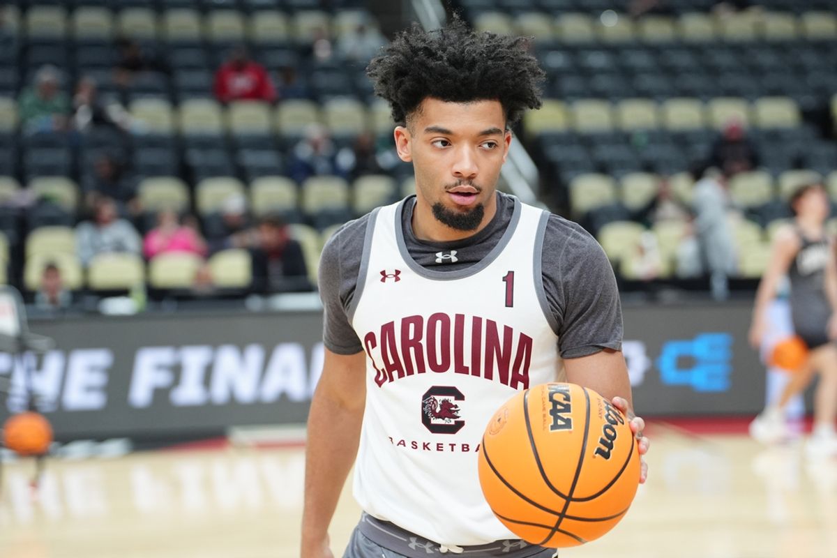 Mar 20, 2024; Pittsburgh, PA, USA;  South Carolina Gamecocks guard Jacobi Wright (1) warms up during the NCAA first round practice session at PPG Paints Arena. Mandatory Credit: Gregory Fisher-Imagn Images