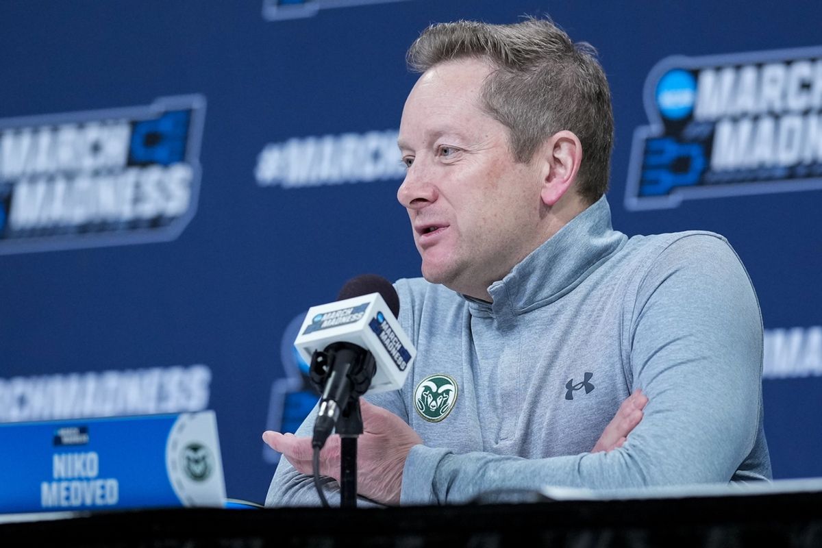 Mar 20, 2024; Charlotte, NC, USA; Colorado State Rams head coach Niko Medved speaks to the media during the NCAA first round practice session at Spectrum Center. Mandatory Credit: Jim Dedmon-Imagn Images