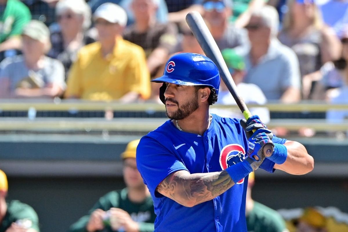 Mar 20, 2024; Mesa, Arizona, USA;  Chicago Cubs designated hitter David Peralta (6)  at bat in the second inning against the Oakland Athletics during a spring training game at Hohokam Stadium. Mandatory Credit: Matt Kartozian-USA TODAY Sports