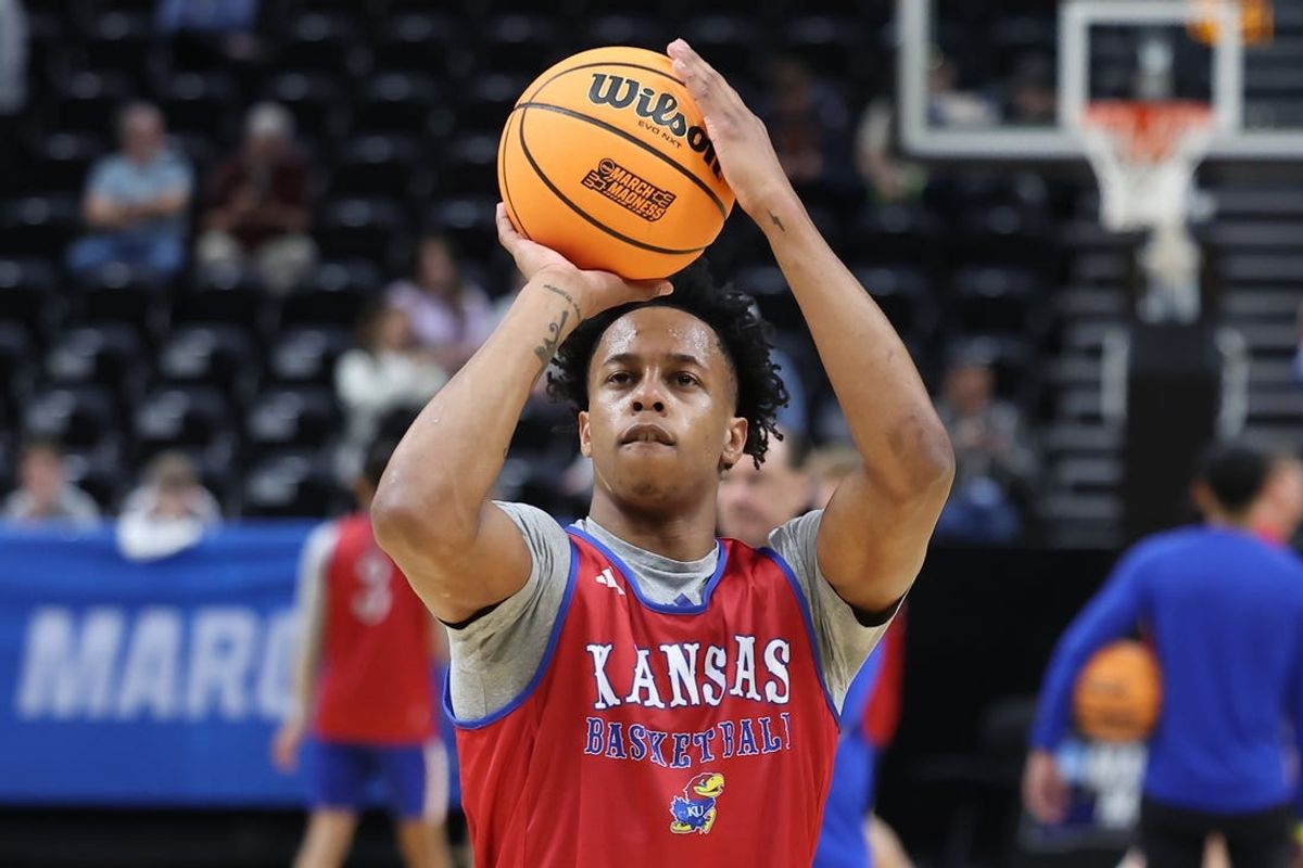 Mar 20, 2024; Salt Lake City, UT, USA; Kansas Jayhawks guard Elmarko Jackson (13) during the NCAA first round practice session at Delta Center. Mandatory Credit: Rob Gray-USA TODAY Sports