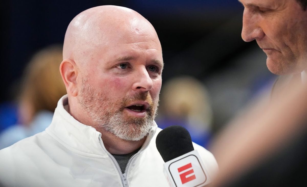 Indiana State Sycamores head coach Josh Schertz is interviewed Wednesday, March 20, 2024, after the first round of the NIT at the Hulman Center in Terre Haute. The Indiana State Sycamores defeated the Southern Methodist Mustangs, 101-92.