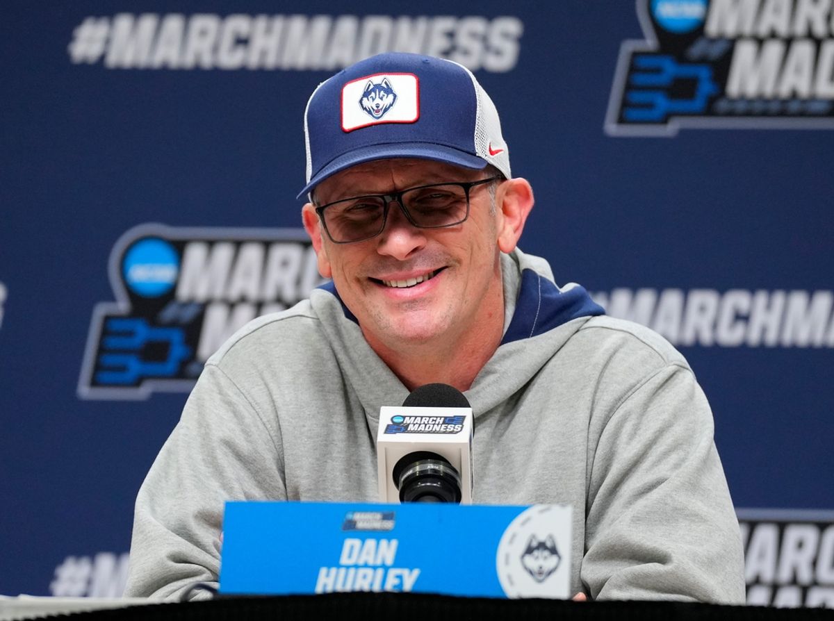Mar 21, 2024; Brooklyn, NY, USA; UConn coach Dan Hurley talks to the media at a press conference at Barclays Center. Mandatory Credit: Robert Deutsch-Imagn Images
