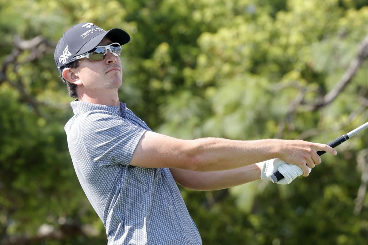 Mar 21, 2024; Palm Harbor, Florida, USA; Nico Echavarria plays his shot from the first tee during the first round of the Valspar Championship golf tournament. Mandatory Credit: Reinhold Matay-Imagn Images