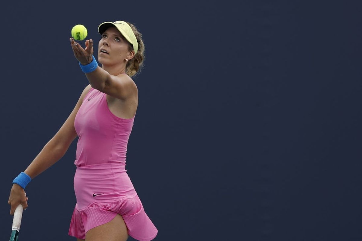 Mar 21, 2024; Miami Gardens, FL, USA; Katie Boulter (GBR) serves against Brenda Fruvirtova (CZE)(not pictured) on day four of the Miami Open at Hard Rock Stadium. Mandatory Credit: Geoff Burke-USA TODAY Sports