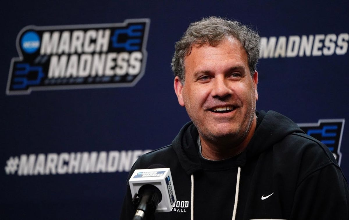 Mar 21, 2024; Memphis, TN, USA; Longwood Lancers head coach Griff Aldrich speaks with the media during a press conference for the First and Second rounds of the 2024 NCAA Mens Basketball Championship at FedExForum. Mandatory Credit: John David Mercer-Imagn Images