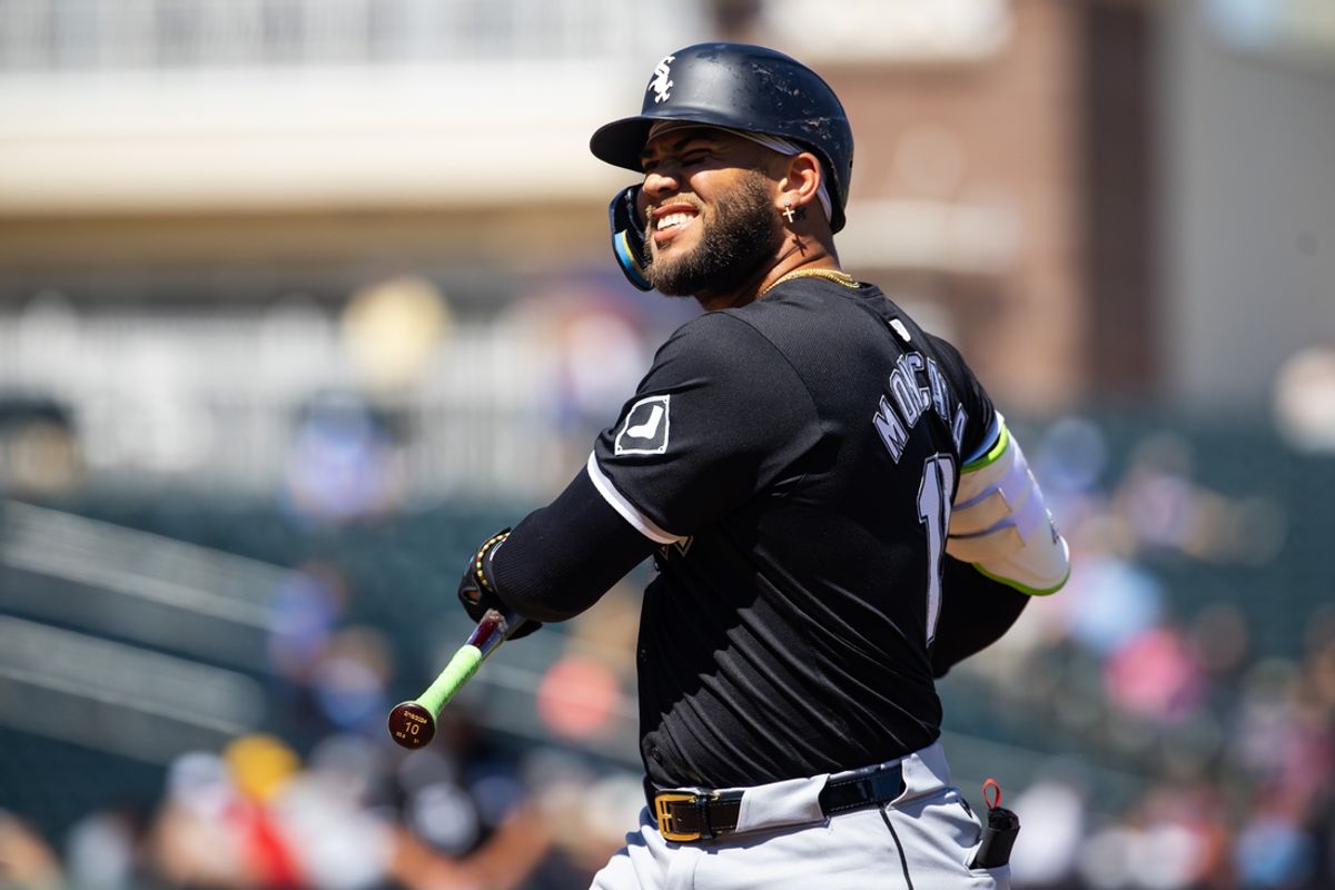 Mar 21, 2024; Surprise, Arizona, USA; Chicago White Sox batter Yoan Moncada reacts against the Kansas City Royals during a spring training baseball game at Surprise Stadium. Mandatory Credit: Mark J. Rebilas-Imagn Images