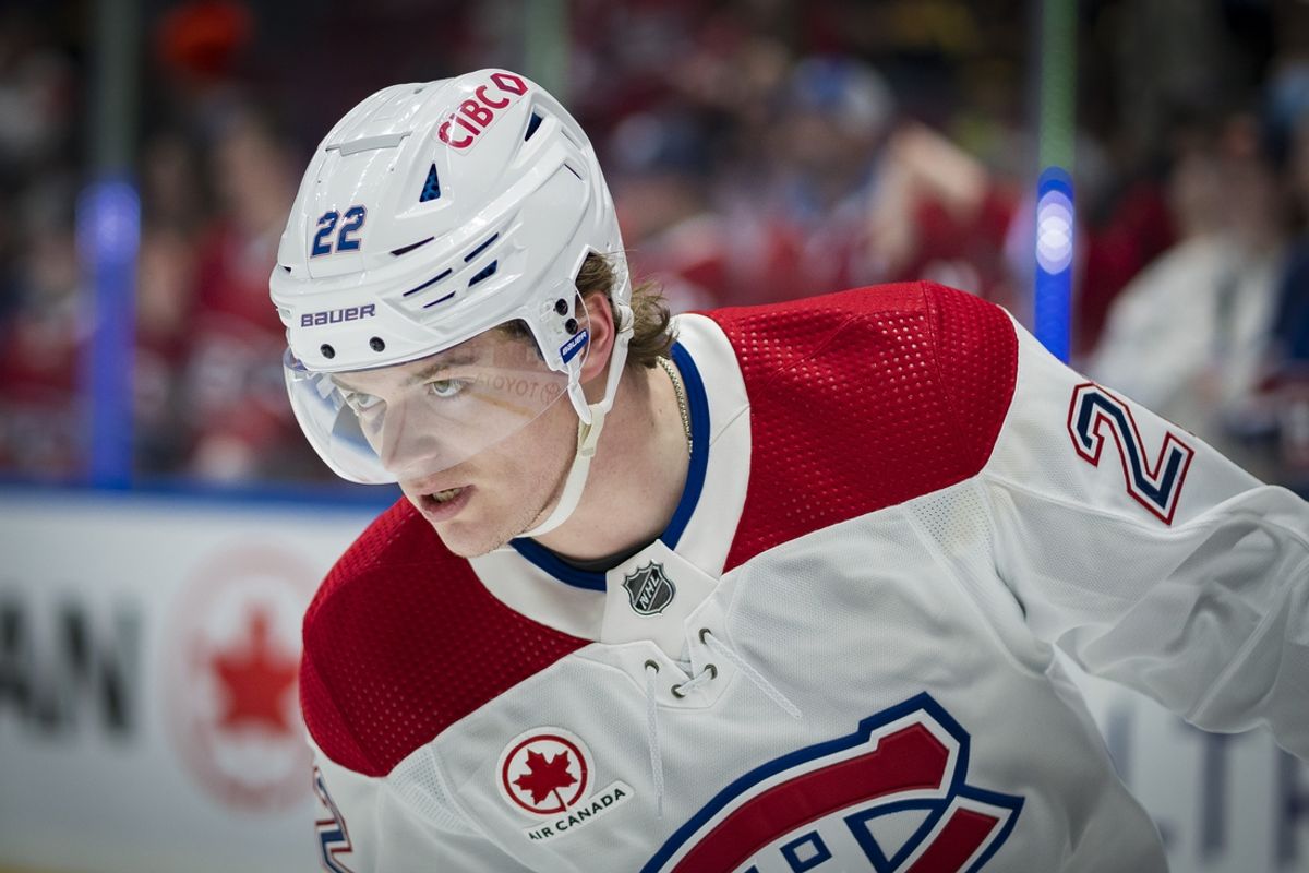 Mar 21, 2024; Vancouver, British Columbia, CAN; Montreal Canadiens forward Cole Caufield (22) skates during warm up prior to a game against the Vancouver Canucks at Rogers Arena. Mandatory Credit: Bob Frid-Imagn Images