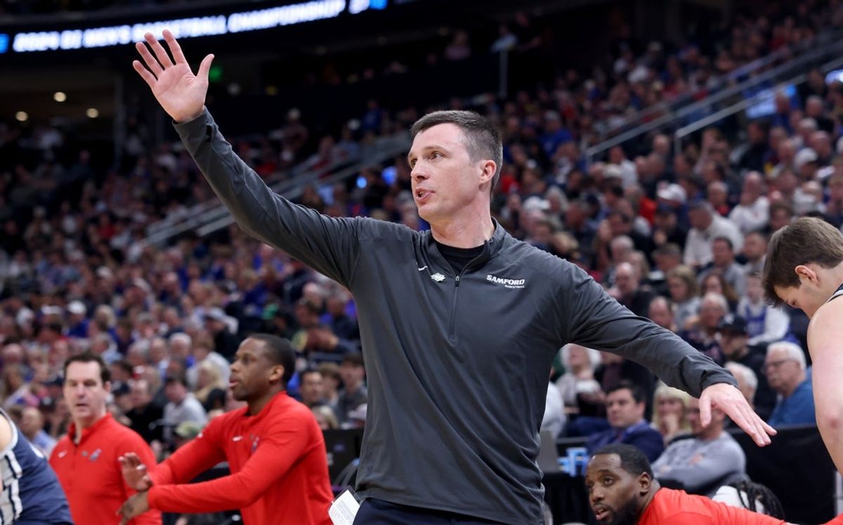 Mar 21, 2024; Salt Lake City, UT, USA; Samford Bulldogs head coach Bucky McMillan during the first half in the first round of the 2024 NCAA Tournament against the Samford Bulldogs at Vivint Smart Home Arena-Delta Center. Mandatory Credit: Rob Gray-Imagn Images