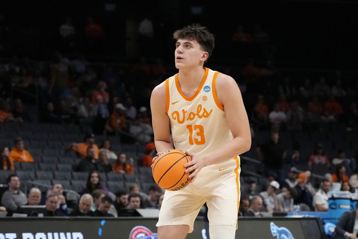 Mar 21, 2024; Charlotte, NC, USA; Tennessee Volunteers forward J.P. Estrella (13) shoots a free throw in the first round of the 2024 NCAA Tournament at Spectrum Center. Mandatory Credit: Jim Dedmon-Imagn Images