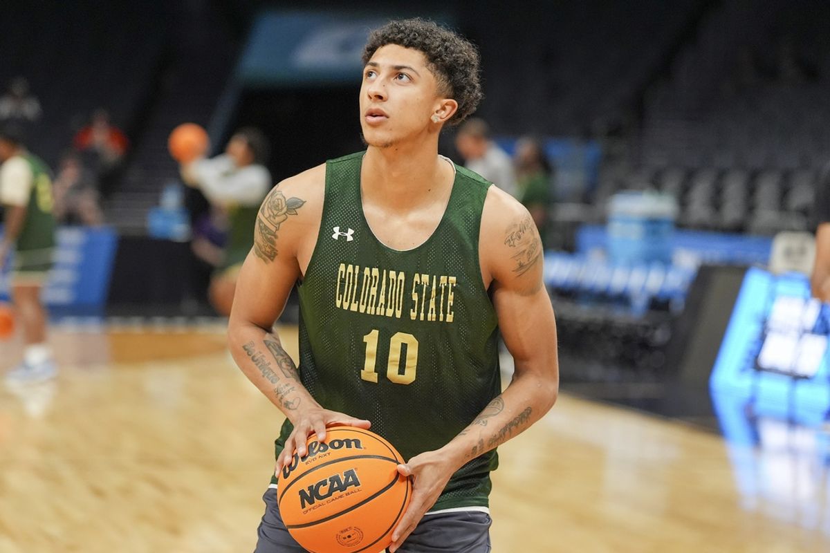 Mar 20, 2024; Charlotte, NC, USA; (Editors Notes: Caption Correction) Colorado State Rams guard Nique Clifford (10) warms up during the NCAA first round practice session at Spectrum Center. Mandatory Credit: Jim Dedmon-Imagn Images
