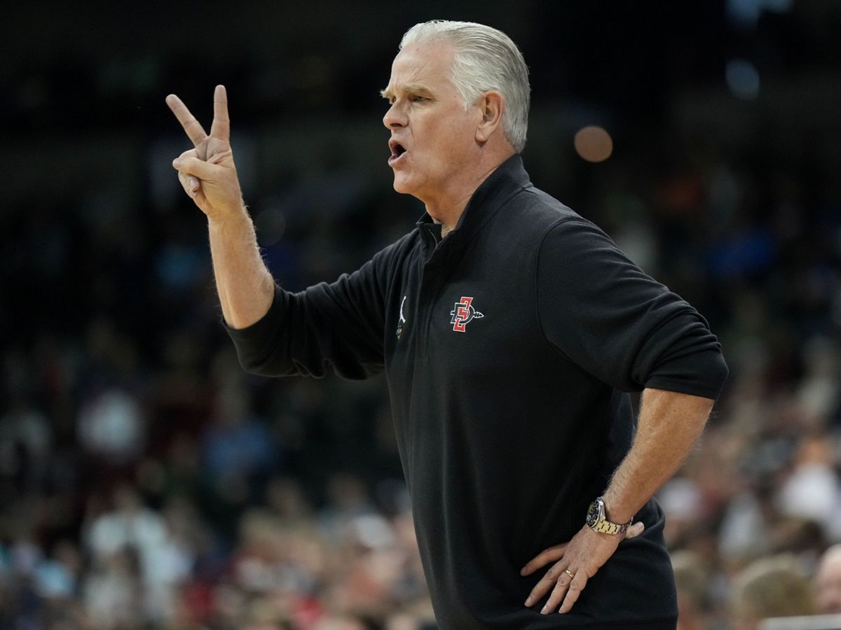 Mar 22, 2024; Spokane, WA, USA; San Diego State Aztecs head coach Brian Dutcher calls a play during the second half of a game against the UAB Blazers in the first round of the 2024 NCAA Tournament at Spokane Veterans Memorial Arena. Mandatory Credit: Kirby Lee-Imagn Images