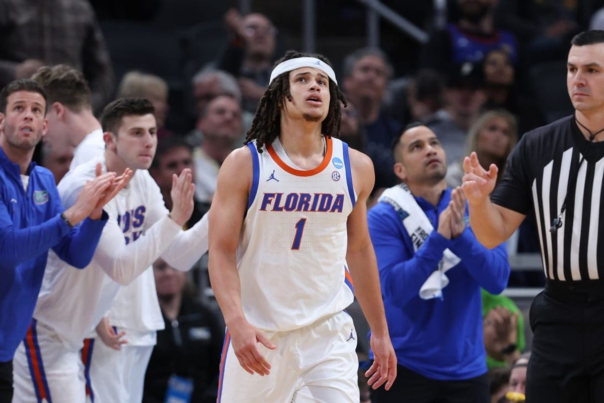 Mar 22, 2024; Indianapolis, IN, USA; Florida Gators guard Walter Clayton Jr. (1) reacts in the second half against the Colorado Buffaloes in the first round of the 2024 NCAA Tournament at Gainbridge FieldHouse. Mandatory Credit: Trevor Ruszkowski-USA TODAY Sports