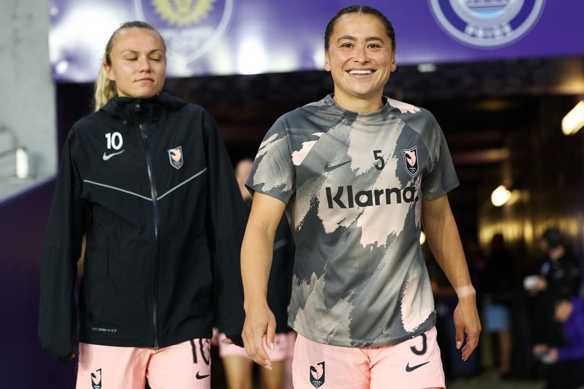 Mar 22, 2024; Orlando, Florida, USA; Angel City FC defender Ali Riley (5) smiles before a match against Orlando Pride. Mandatory Credit: Nathan Ray Seebeck-Imagn Images