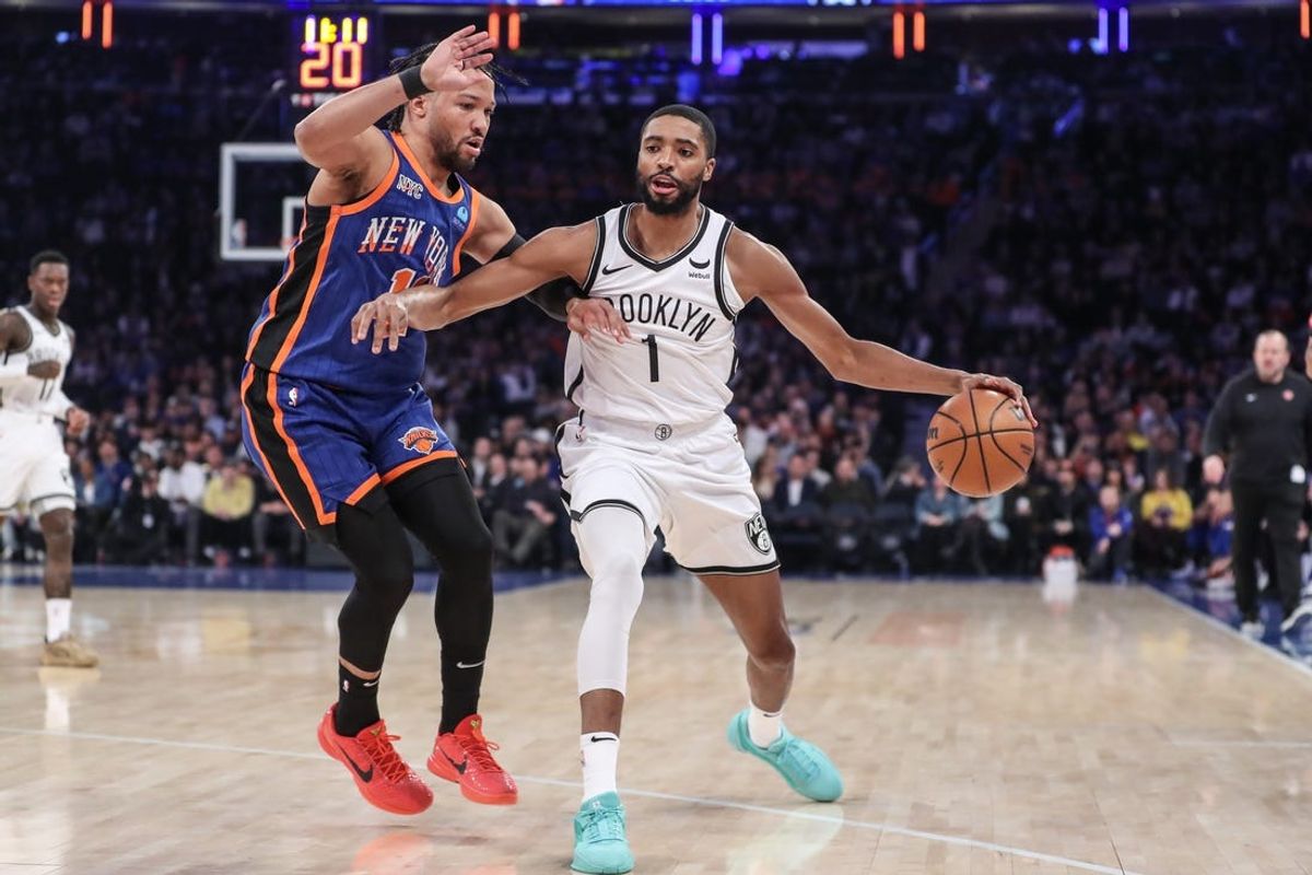 Mar 23, 2024; New York, New York, USA;  Brooklyn Nets forward Mikal Bridges (1) looks to drive past New York Knicks guard Jalen Brunson (11) in the first quarter at Madison Square Garden. Mandatory Credit: Wendell Cruz-USA TODAY Sports