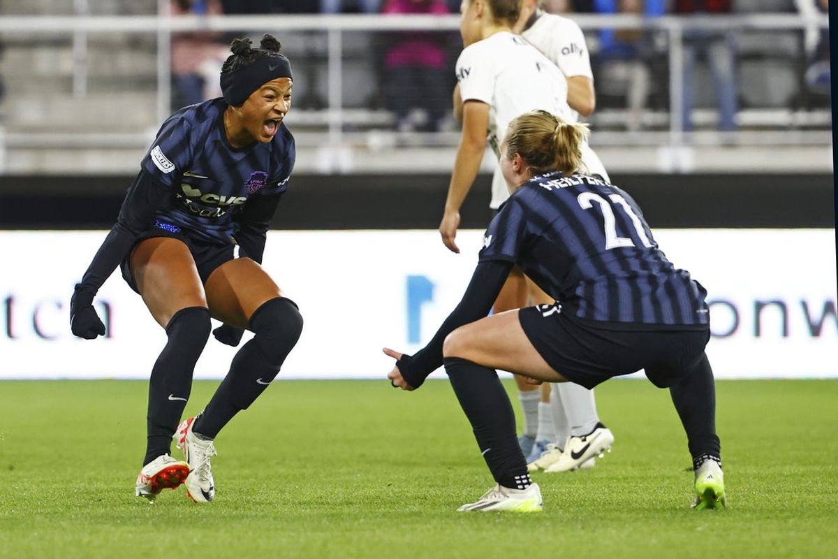 Mar 23, 2024; Washington, District of Columbia, USA; Washington Spirit midfielder Croix Bethune (7) celebrates scoring a goal with Washington Spirit defender Anna Heilferty (21) during the second half against Bay FC at Audi Field. Mandatory Credit: Amber Searls-Imagn Images