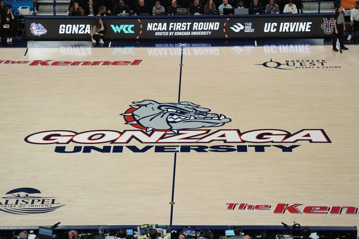 Mar 23, 2024; Spokane, Washington, USA; The Gonzaga Bulldogs logo at center court at McCarthey Athletic Center. Mandatory Credit: Kirby Lee-Imagn Images