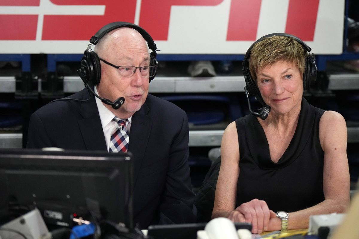 Mar 23, 2024; Spokane, WA, USA; ESPN analyst Mike Thibault (left) and play-by-play announcer Ann Schatz during a game between the Gonzaga Bulldogs and the UC Irvine Anteaters at McCarthey Athletic Center. Mandatory Credit: Kirby Lee-Imagn Images